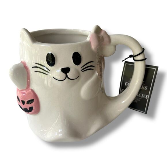 Cobwebs & Cauldrons Hand Painted Cat Pink Bow Halloween Mug - Picture 9 of 10